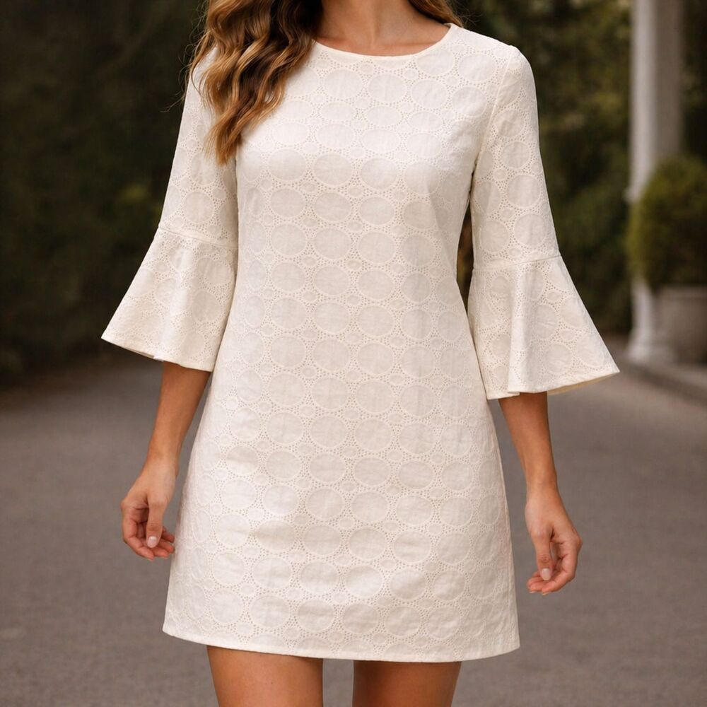 J.Crew White Eyelet Shift Mini Dress Bell Sleeve XXS Bridal Shower Summer
